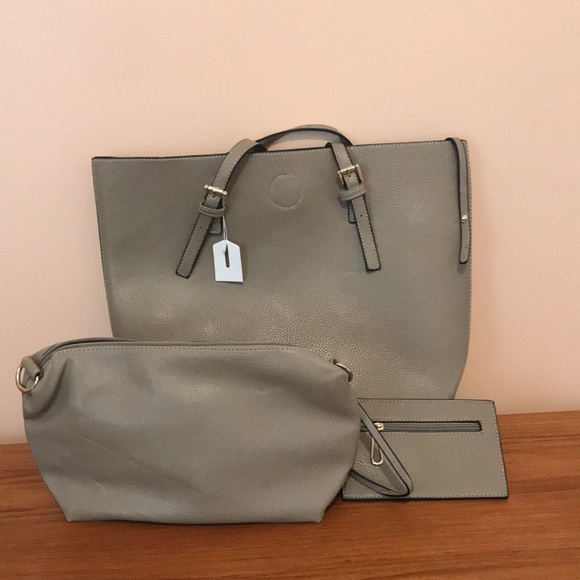 NWT-Vegan Smokey grey 4 piece satchel, pouch purse, key holder, rings! - Picture 10 of 14